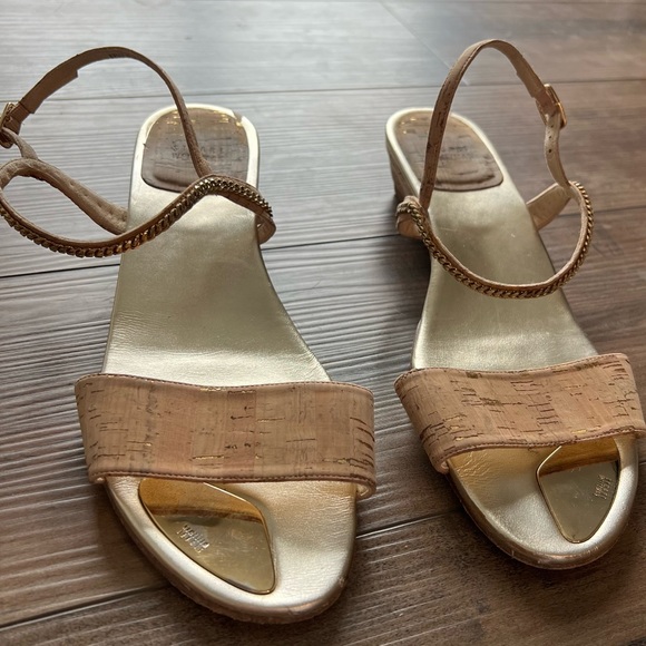 Stuart Weitzman Shoes - Stuart Weitzman Sweeper Chain Cork Demi-Wedge Sandal Gold SZ 12